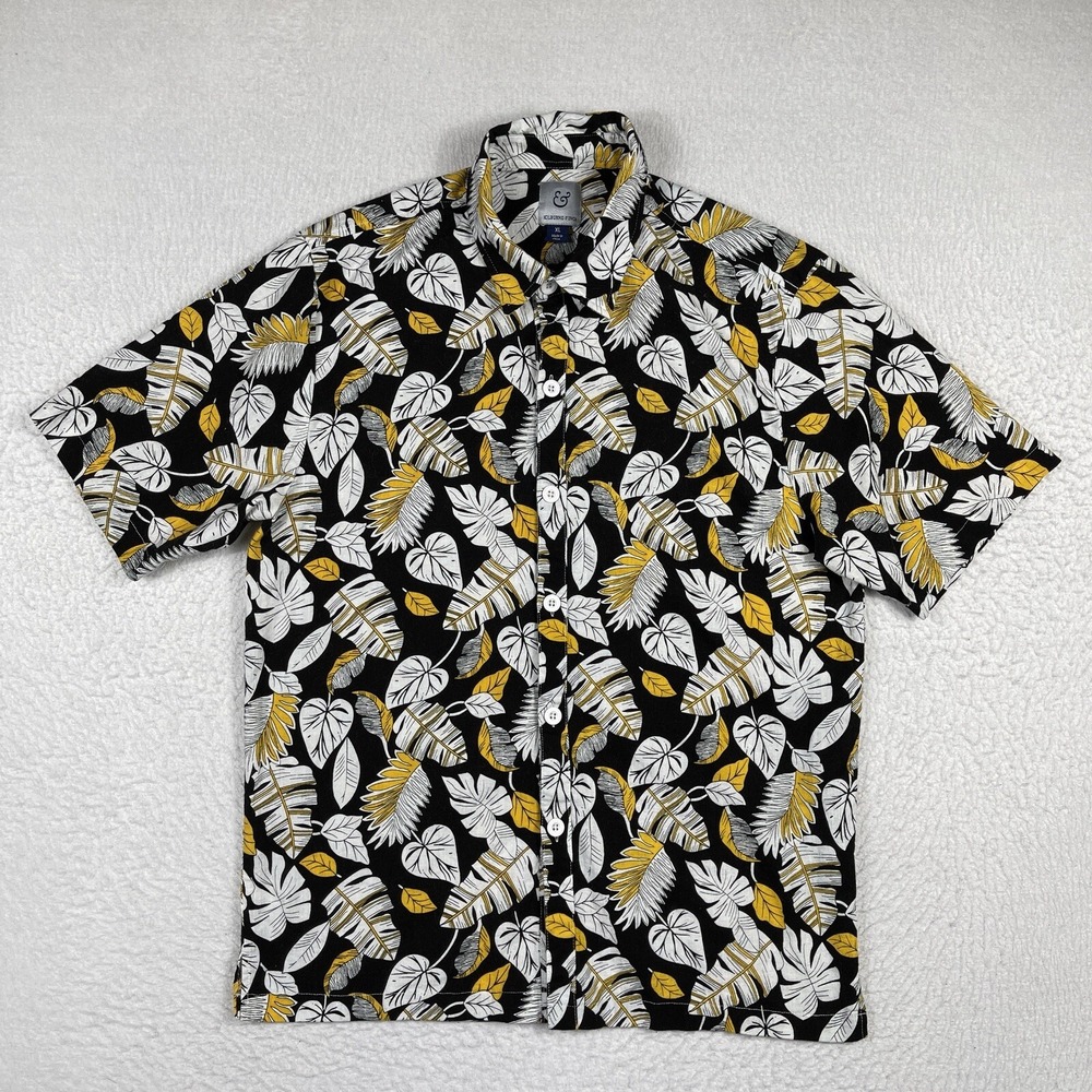 Kilburne & Finch Shirt Mens XL Black Floral Tropical Leaves Preppy Party Travel